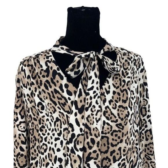 Chico's Womens Animal Print Button Front Tie Neck Long Sleeve Blouse Tan Black 3 - Picture 2 of 10